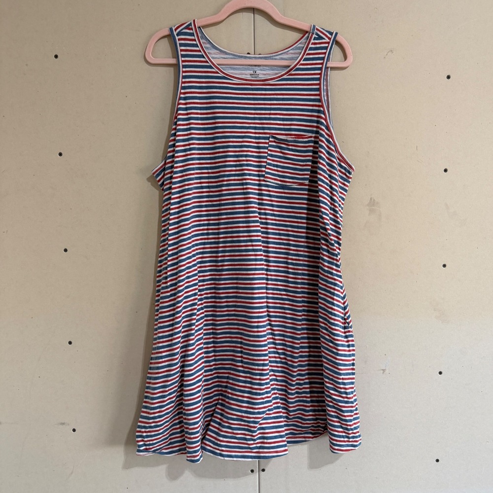 Sonoma Goods For Life Women Red White Blue Striped Pocket T-Shirt Dress 1X Plus